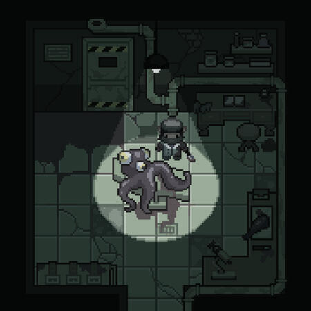 Top-down scene of a horror-themed laboratory